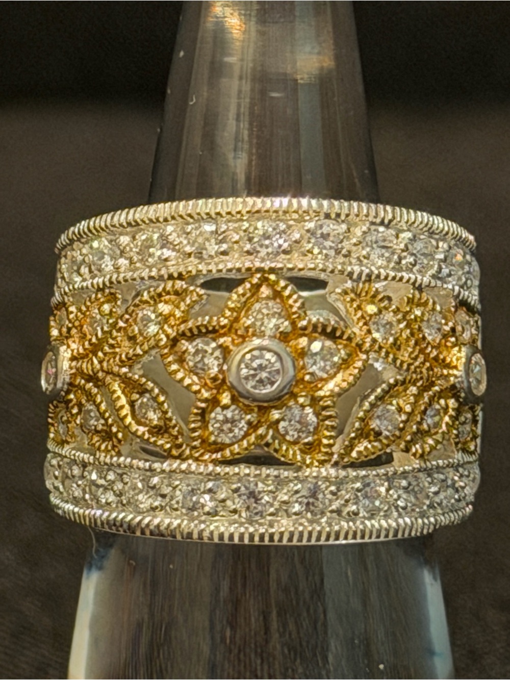 Diamonique 925 SS Gold & Silver Filigree Wide Band Ring Sz. 5 💎 Never Worn